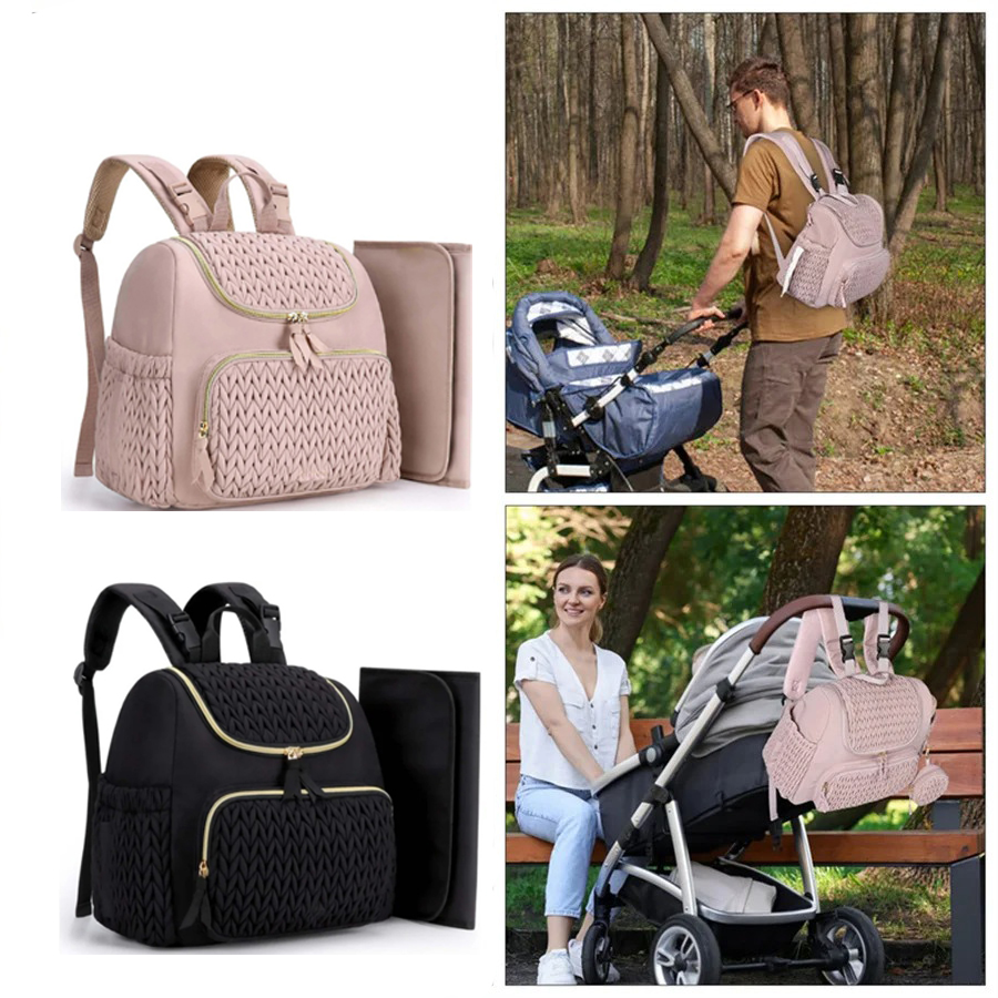 Diaper Bag Backpack - 大容量マタニティおむつバッグバックパックニット柄ベビーおむつバックパック、屋外旅行用おむつ替えパッド付き、ベビーカー吊り下げ可能