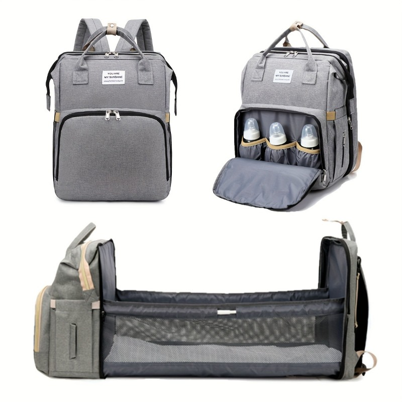 Diaper Bag Backpack - おしゃれな折りたたみ式ベビーベッド付きマザーズバッグ 大容量 手持ち式 哺乳瓶 おむつ バックパック
